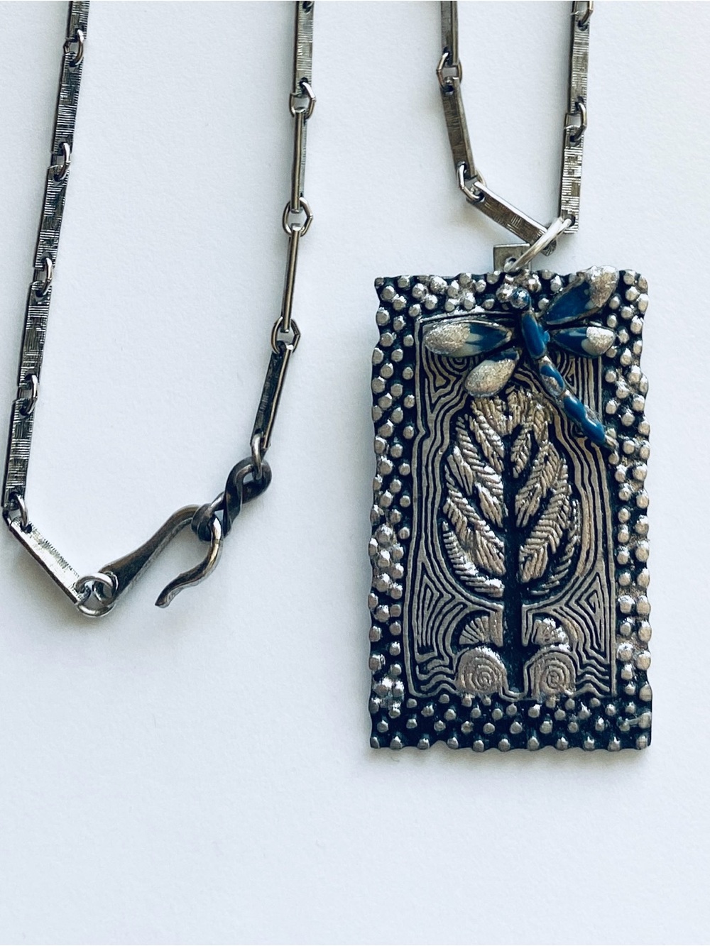 Vintage Y2K Alice Seely 2000 Silver Pewter Pendant & Chain Tree Of Life Dragonfl